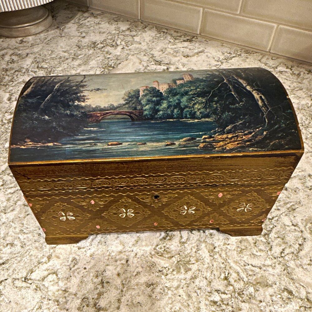 Vintage Multi-Tiered Jewelry Chest box upper tray European landscape Key hole